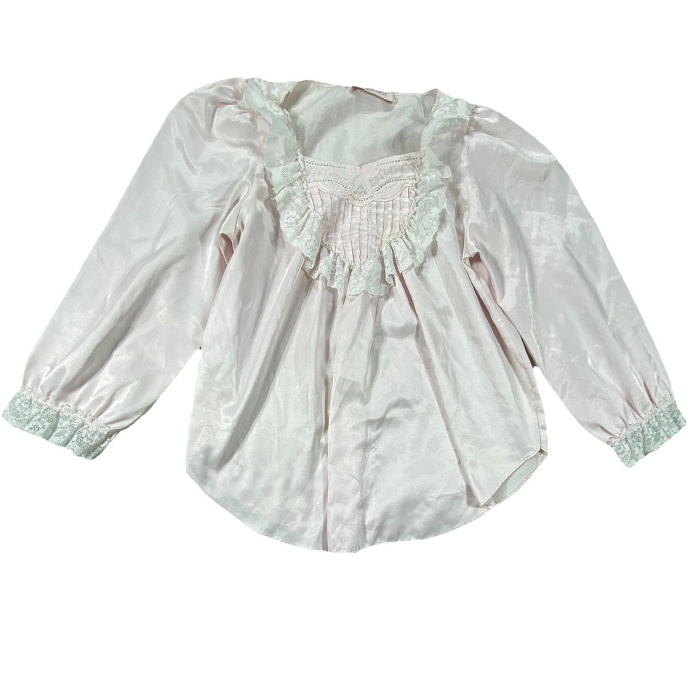 Vintage Vandemere Blouse Women Medium Pink Satin Lace Trim Pintuck Ruffle Collar